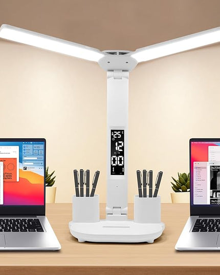 LED Desk Lamp Light with 2 Pen Holders, Time, Date, Temperature Display, Dimmable, 3 Color Modes, Touch Control, Foldable,Eye-Caring Table Lamp for Office Home Reading Study - LeafyLoom