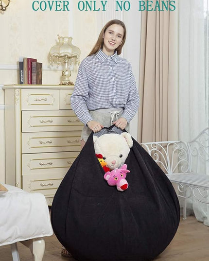 Stuffed Animal Storage Bean Bag Chair Cover (No Beans) for Kids and Adults.Soft Premium Corduroy Stuffable Beanbag for Organizing Children Plush Toys or Memory Foam Extra Large 300L (Black) - LeafyLoom