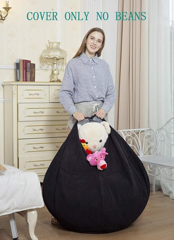 Stuffed Animal Storage Bean Bag Chair Cover (No Beans) for Kids and Adults.Soft Premium Corduroy Stuffable Beanbag for Organizing Children Plush Toys or Memory Foam Extra Large 300L (Black) - LeafyLoom