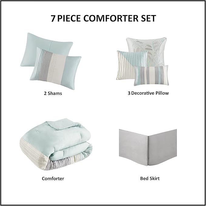 Madison Park Amherst Faux Silk Comforter Set-Casual Contemporary Design All Season Down Alternative Bedding, Matching Shams, Bedskirt, Decorative Pillows, King(104"x92"), Aqua, 7 Piece (MP10-2980) - LeafyLoom