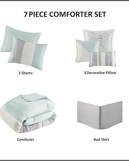Madison Park Amherst Faux Silk Comforter Set-Casual Contemporary Design All Season Down Alternative Bedding, Matching Shams, Bedskirt, Decorative Pillows, Queen(90"x90"), Aqua, 7 Piece, MP10-2979 - LeafyLoom