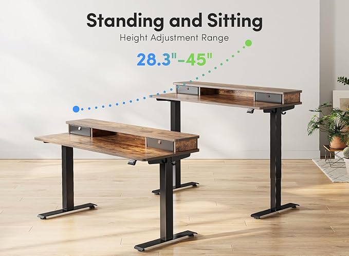 FEZIBO 55 x 24 Inch Height Adjustable Electric Standing Desk with Double Drawer, Stand Up Desk with Storage Shelf, Sit Stand Desk, Rustic Brown - LeafyLoom