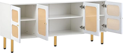 Merax Boho TV Stand with Rattan Door, Woven Media Console Table for Television Up to 70”, Country Style Design Side Board with Gold Metal Base for Living Room, 64.9" length, White - LeafyLoom