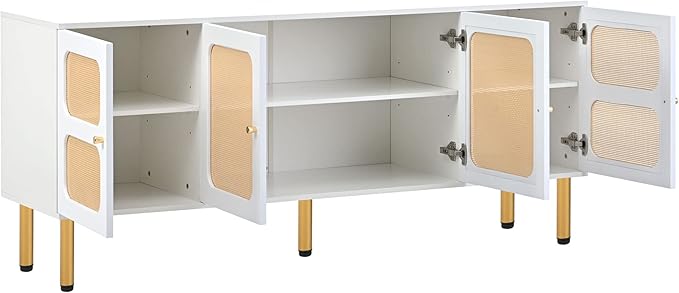 Merax Boho TV Stand with Rattan Door, Woven Media Console Table for Television Up to 70”, Country Style Design Side Board with Gold Metal Base for Living Room, 64.9" length, White - LeafyLoom