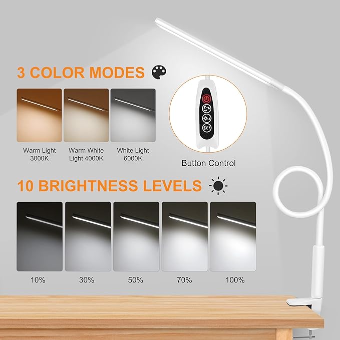 LED Desk Lamp, Swing Arm Table Lamp with Clamp, Flexible Gooseneck Task Lamp, Eye-Caring Architect Desk Light, 3 Modes 10 Brightness Levels, Memory Function Desk Lamps for Home Office, 10W - LeafyLoom