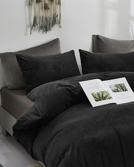 Wellboo Black Velvet Comforter Sets Queen Solid Black Fluffy Bedding Comforters Women Men Plain Dark Color Flannel Quilt Modern Minimalist All Black Comforters Queen Size Micromink Sherpa Plush Bed - LeafyLoom
