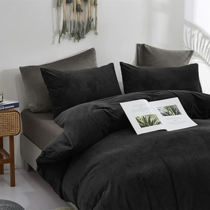 Wellboo Black Velvet Comforter Sets California King Solid Black Fluffy Bedding Comforters Cal King Solid Color Flannel Quilt Women Men Plain Black Comforters Micromink Sherpa Fuzzy Warm Bed Plush - LeafyLoom