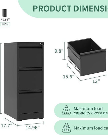 3 Drawer File Cabinet with Lock, Metal Vertical Filing Cabinets for Home Office, Steel Storage Cabinet for Hanging Legal/Letter Size Files, Assembly Required (Black) - LeafyLoom