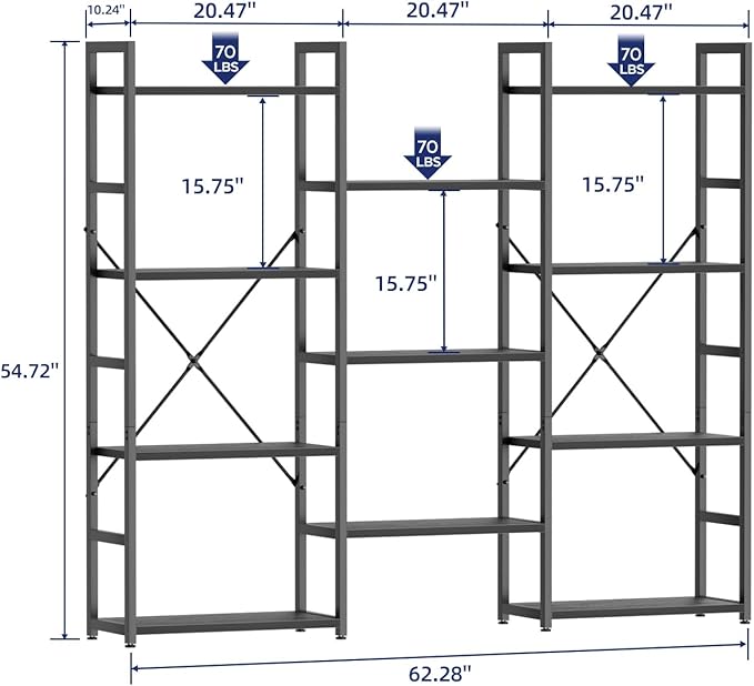 NUMENN Triple Wide 4 Tier Bookshelf, Adjustable Rustic Industrial Style Bookcases with 11 Open Display Shelves, Modern Tall Bookcase Furniture for Bedroom, Living Room and Home Office, Black - LeafyLoom