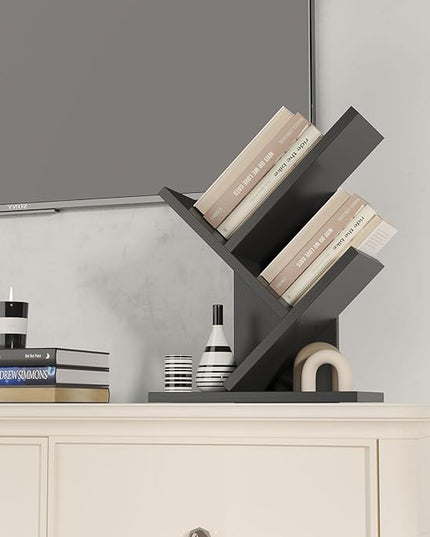 YMYNY 2 Tier Tree Bookshelf, Small Bookcase, Modern Wood Book Storage Rack Organizer, Freestanding Book shelf for Books/Movies/CDs, Display Rack for Bedroom, Home Office, Black UHBC012B - LeafyLoom