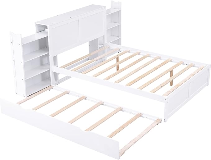 Full Size Bed Frame with Headboard and Twin Trundle, Wood Full Size Platform Bed with Pull Out Storage Shelves Headboard for Bedroom, White - LeafyLoom