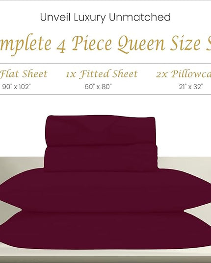 Egyptian Cotton Sheets Queen Size 1000 Thread Count, 4 Piece Soft & Comfortable Bed Linen Set, Hotel Quality Queen Size Bedding Set, Fits Upto 18" Mattress, Cool Durable Sheets & Pillowcases, Burgundy - LeafyLoom