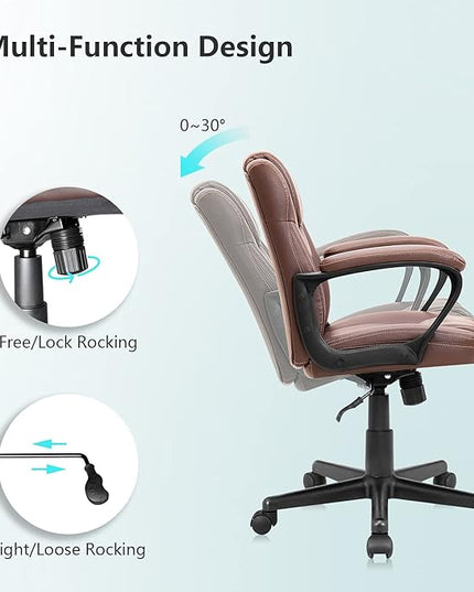 Executive Office Chair Swivel Task Seat with Ergonomic Mid-Back, Waist Support, PU Leather, 18D x 19W x 41H in, Brown - LeafyLoom