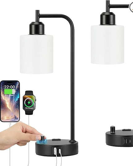 Industrial Bedroom Lamps for Nightstand Set of 2 - Fully Dimmable Bedside Lamps with USB A C Ports and Outlet, Black Table Lamps with Opal Glass Shade for Living Room, Desk Lamps for Office Reading - LeafyLoom
