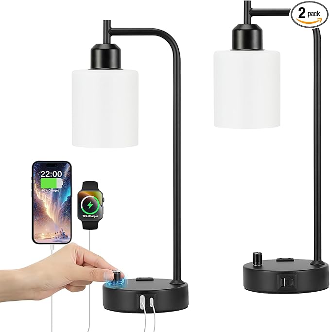 Industrial Bedroom Lamps for Nightstand Set of 2 - Fully Dimmable Bedside Lamps with USB A C Ports and Outlet, Black Table Lamps with Opal Glass Shade for Living Room, Desk Lamps for Office Reading - LeafyLoom