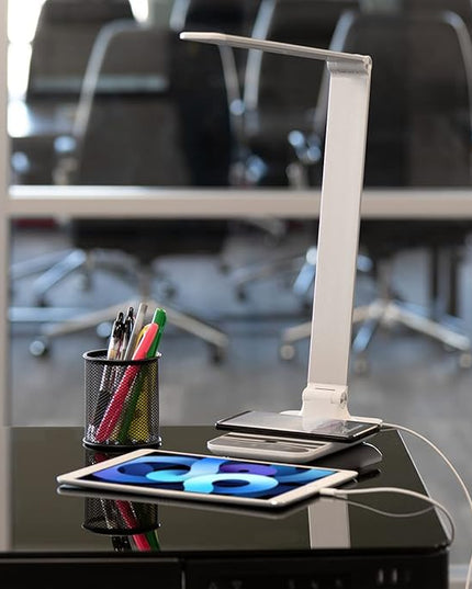 Stand Up Desk Store LED Desk Lamp with Wireless Charging Pad (White Housing, 500 Lumen LED, 10W Qi Wireless Charger, 5V/1A USB Output) - LeafyLoom