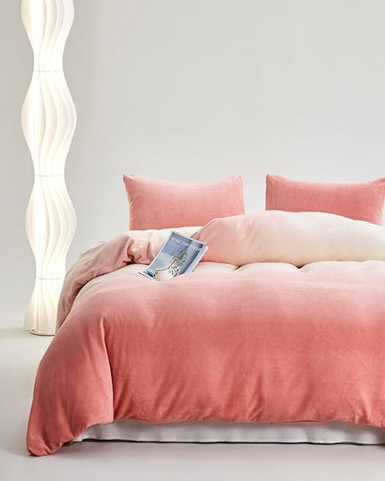 Pink White Gradient Comforter Set Twin Pink Velvet Bedding Comforter Modern Plain White and Pink Gradient Soft Quilt Farmhouse Flannel Comforter Girls Women Warm Twin Bed Comforter - LeafyLoom
