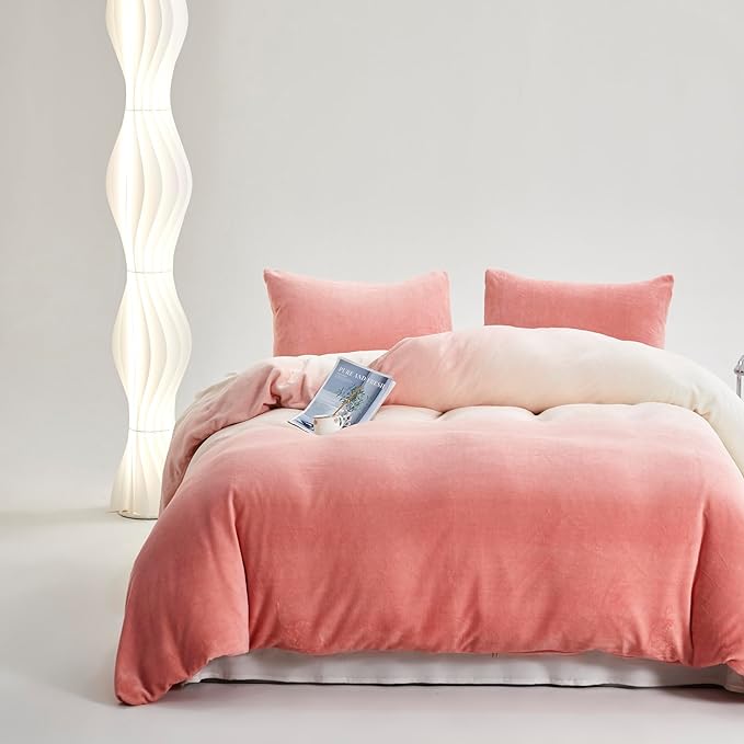 Pink White Gradient Comforter Set King Pink Velvet Bedding Comforter Modern Plain White and Pink Gradient Soft Quilt Farmhouse Flannel Comforter Girls Women Warm King Bed Comforter - LeafyLoom