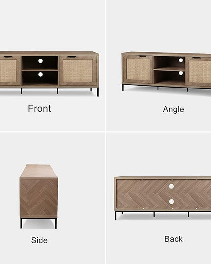 Anmytek Rattan TV Stand for 65 Inch TV Mid Century Modern Entertainment Center with Natural Rattan Door & Herringbone Texture Large TV Console Table for Living Room, Natural Oak - LeafyLoom