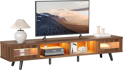 Bestier Mid Century Modern TV Stand for 75 inch TV, LED Entertainment Center with Storage and Sliding Doors, Low Profile TV Consoles for Living Room, Ancona Walnut - LeafyLoom