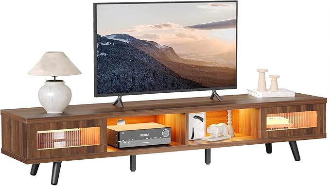 Bestier Mid Century Modern TV Stand for 75 inch TV, LED Entertainment Center with Storage and Sliding Doors, Low Profile TV Consoles for Living Room, Ancona Walnut - LeafyLoom