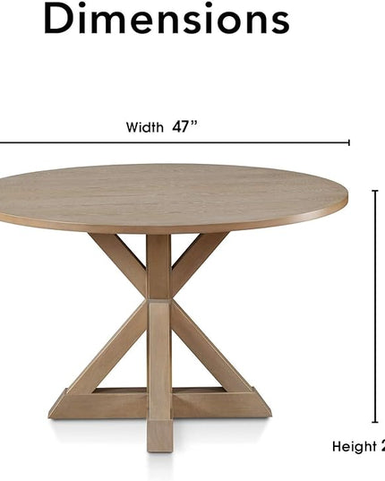 Finch Alfred Round Solid Wood Rustic Dining Table for Farmhouse Kitchen Room Decor, Wooden Trestle Pedestal Base, 46.5" Wide Circular Tabletop, Distressed Beige, 47 in x 47 in x 29.2 in - LeafyLoom