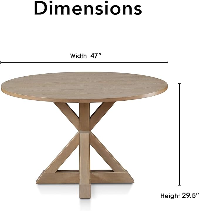 Finch Alfred Round Solid Wood Rustic Dining Table for Farmhouse Kitchen Room Decor, Wooden Trestle Pedestal Base, 46.5" Wide Circular Tabletop, Distressed Beige, 47 in x 47 in x 29.2 in - LeafyLoom