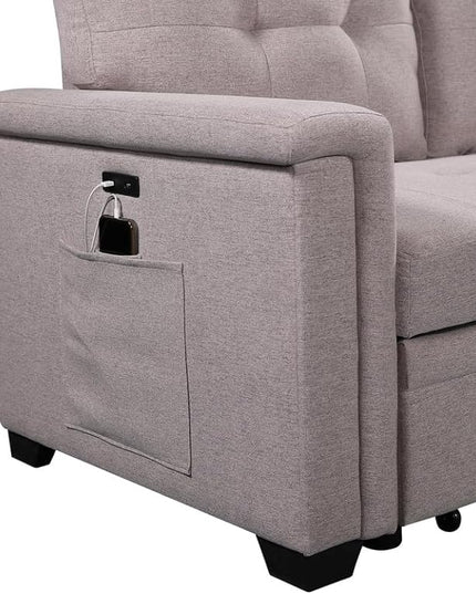 L-Shaped Reversible Sofa, with Side Pocket, USB Charger and Pull-Out Sleeper Bed, 84" Tufted Upholstered Couch, for Compact Space, Living Room, Bedroom, Apartment-Light Gray, 84 Inch - LeafyLoom