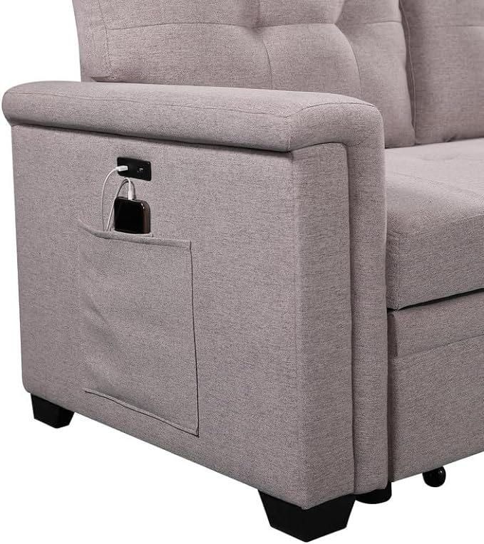 L-Shaped Reversible Sofa, with Side Pocket, USB Charger and Pull-Out Sleeper Bed, 84" Tufted Upholstered Couch, for Compact Space, Living Room, Bedroom, Apartment-Light Gray, 84 Inch - LeafyLoom