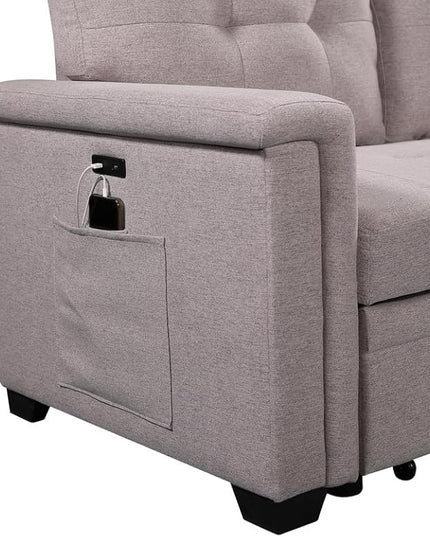 LOVMOR 84'' L-Shape Convertible Sleeper Sectional Sofa with Storage Chaise and Pull-Out Bed, Linen Upholstered Reversible Corner Couch w/USB Charger Ports and Pocket, Light Gray, 84 Inch - LeafyLoom