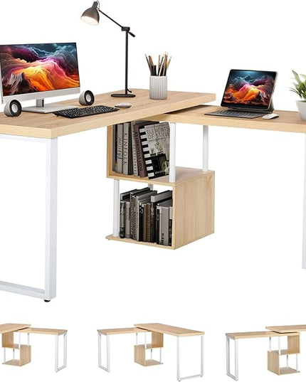 Airdown 55 Inch Reversible L Shaped Home Office Computer Desk with 2-Tier Storage Shelf for Bedroom, Dorm, Study Room, Light Oak - LeafyLoom