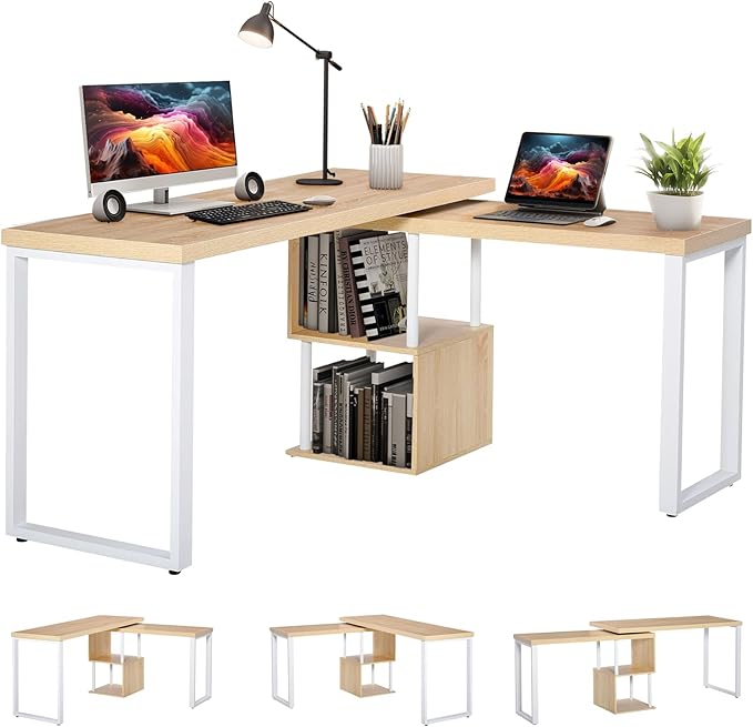 Airdown 55 Inch Reversible L Shaped Home Office Computer Desk with 2-Tier Storage Shelf for Bedroom, Dorm, Study Room, Light Oak - LeafyLoom