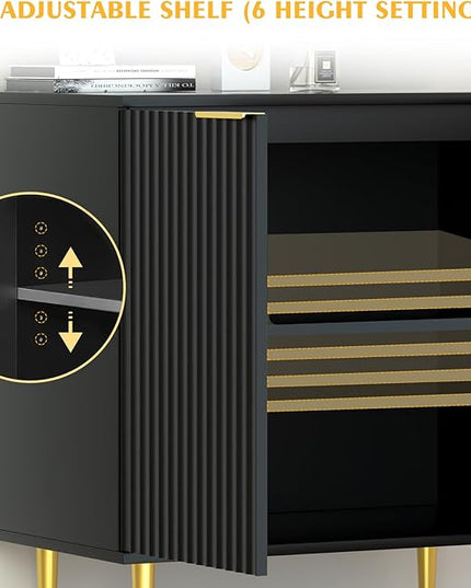 Black Fluted Buffet Cabinet,Wood Sideboard Buffet Cabinet with Adjustable Shelf, Fluted Accent Cabinet with Rose Gold Colored Metal Legs, Storage Cabinet for Living Room,Dining Room,Kitchen - LeafyLoom