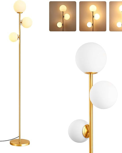 EDISHINE 69in Gold Modern Floor Lamp for Living Room, Upgraded Dimmable 3 Globe Mid Century Standing Lamps, Built-in LED, Frosted Glass Shade, Luna Tall Pole Lamp for Bedroom, Hotel -Antique Brass - LeafyLoom