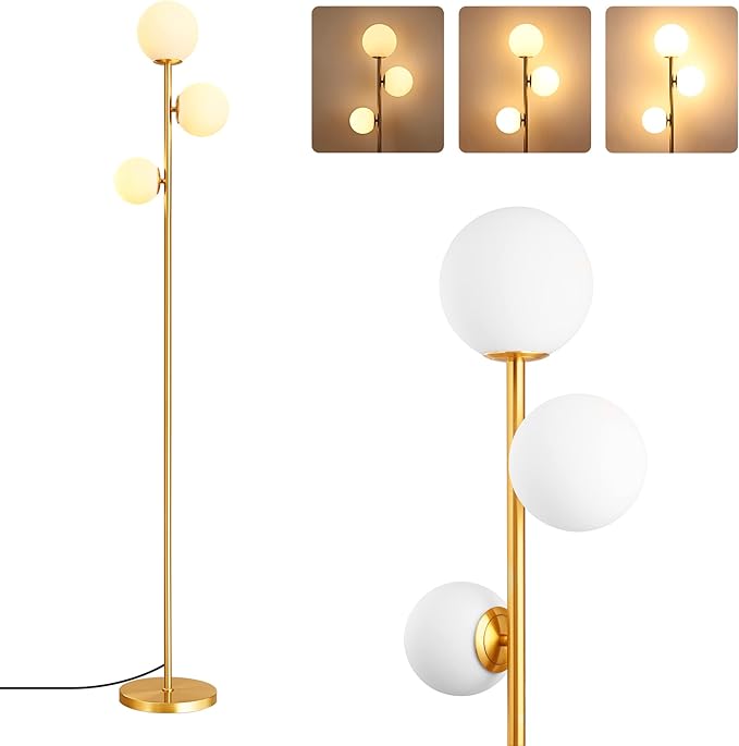 EDISHINE 69in Gold Modern Floor Lamp for Living Room, Upgraded Dimmable 3 Globe Mid Century Standing Lamps, Built-in LED, Frosted Glass Shade, Luna Tall Pole Lamp for Bedroom, Hotel -Antique Brass - LeafyLoom