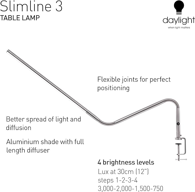 Daylight Company, LLC U35108 Slimline 3 Table Lamp-LED-80 CRI-Eye Care-4 Brightness Levels, 3,000 LUX at 30 cm, 1,065 LUMENS-4 Step DIMMER Mode, Brushed Steel, 25.6 x 30 x .8 - LeafyLoom