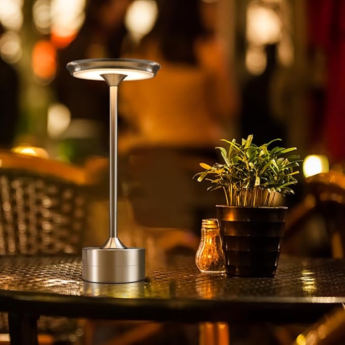 Portable Metal Desk Lamp, 3-Levels Brightness Metal LED Table Lamp, 3 Color Touch Control Rechargeable Lamp, Night Light, Bedside Lamp,Dining Room Lamp (Silver) - LeafyLoom