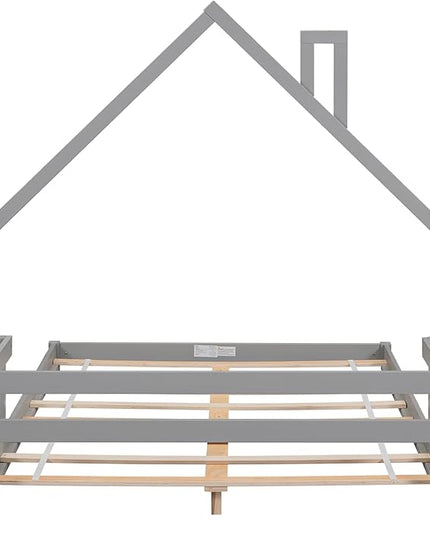 Bellemave Full Size Bed Frame for Kids,Low Platform Bed with House-Shaped Headboard and Handrails,Full Bed for Girls,No Box Spring Needed(Grey) - LeafyLoom