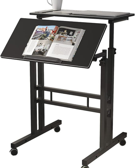 DlandHome Mobile Standing Desk Stand Up Desk Rolling Desk, Stand Sit Desk Mobile Computer Desk Adjustable Standing Desk 23.6inches Table Workstation Mobile Desk Cart Tray Black - LeafyLoom
