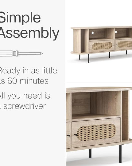 Oval Rattan TV Stand - Media Console - 63" TV Entertainment Center with Storage - Console Table for Living Room and Bedrooms - Supports 32 to 65" TVs - Soft-Close Cabinet Doors (Light Oak) - LeafyLoom