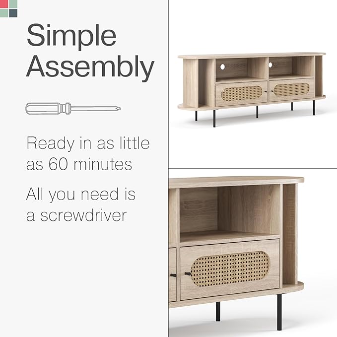 Oval Rattan TV Stand - Media Console - 63" TV Entertainment Center with Storage - Console Table for Living Room and Bedrooms - Supports 32 to 65" TVs - Soft-Close Cabinet Doors (Light Oak) - LeafyLoom