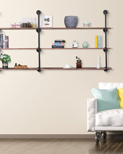Pynsseu Industrial Iron Pipe Shelving Brackets Unit, Farmhouse Wall Mounted Pipe Shelves for Kitchen Bathroom, DIY Bookshelf Living Room Storage, 3Pack of 4 Tier - LeafyLoom