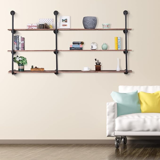 Pynsseu Industrial Iron Pipe Shelving Brackets Unit, Farmhouse Wall Mounted Pipe Shelves for Kitchen Bathroom, DIY Bookshelf Living Room Storage, 3Pack of 4 Tier - LeafyLoom