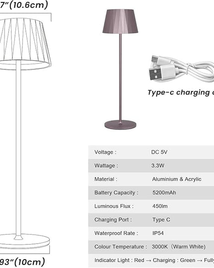 Modern LED Cordless Table Lamp,5200mAh Rechargeable Desk Lamp with Stepless Dimming, Touch Waterproof Night Light for Bedroom Outdoor Bar RV Kitchen (Purplish-Brown, 3000K, Warm White) - LeafyLoom