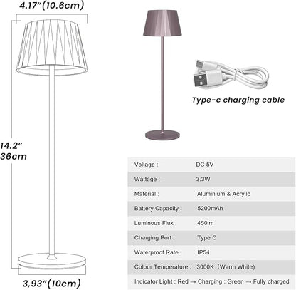 Modern LED Cordless Table Lamp,5200mAh Rechargeable Desk Lamp with Stepless Dimming, Touch Waterproof Night Light for Bedroom Outdoor Bar RV Kitchen (Purplish-Brown, 3000K, Warm White) - LeafyLoom