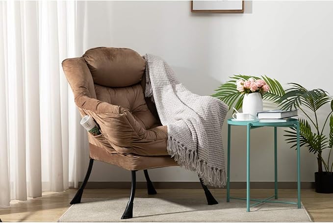 AbocoFur Modern Fabric Large Lazy Chair, Accent Oversized Comfy Reading Chair, Thick Padded Cozy Lounge Chair with Armrest, Steel Frame Leisure Sofa Chair for Living Room, Bedroom, Dorm, Dark Brown - LeafyLoom