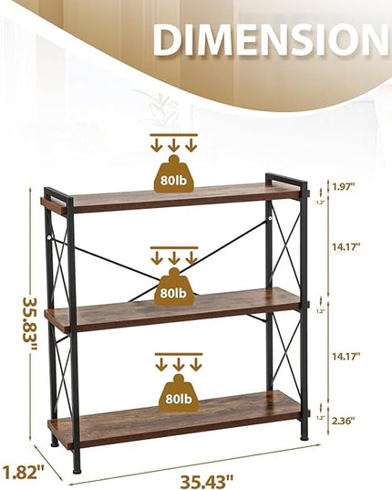 Industrial Bookshelf,Rustic Open Shelf Bookcase,3 Tier Book Shelf for Bedroom Office Living Room,Small Bookshelf for Small Spaces with Metal Frame - LeafyLoom