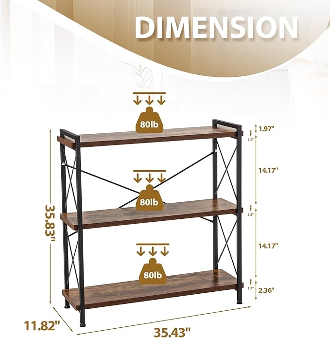 Industrial Bookshelf,Rustic Open Shelf Bookcase,3 Tier Book Shelf for Bedroom Office Living Room,Small Bookshelf for Small Spaces with Metal Frame - LeafyLoom