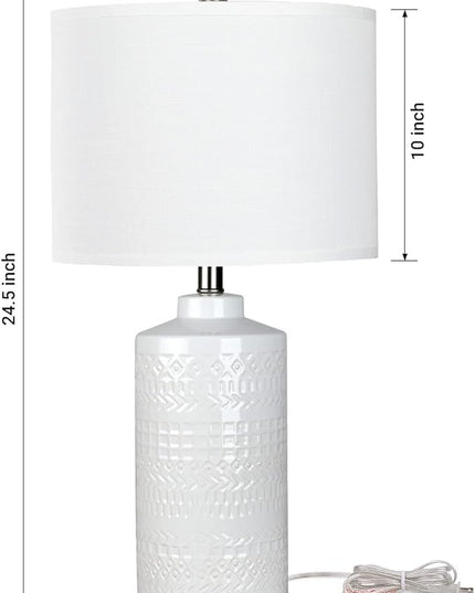 24.5" White Ceramic Table Lamp: 3-Way Dimmable Nightstand Lamp with White Linen Shade | Office Reading Lamp Bedside Lamp White Lamp for Bedrooms & Living Room (Bulb Included) - LeafyLoom