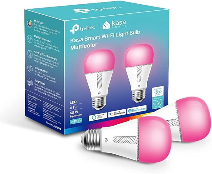 Kasa Smart Bulb, 1000 Lumens Full Color Changing Dimmable Smart WiFi Light Bulb Compatible with Alexa and Google Home, 11W, A19, 2.4Ghz only, No Hub Required (KL135P2), 2-Pack,White KasaSmartbyTP-Link